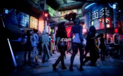 サイバーパンク都市、商店街の背景イラスト