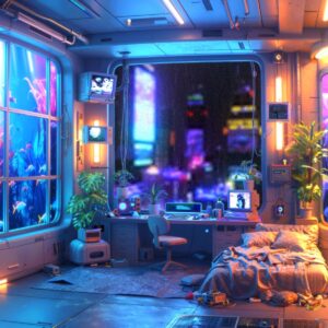 Cyber Chill Room|近未来サイバールーム背景ループ素材